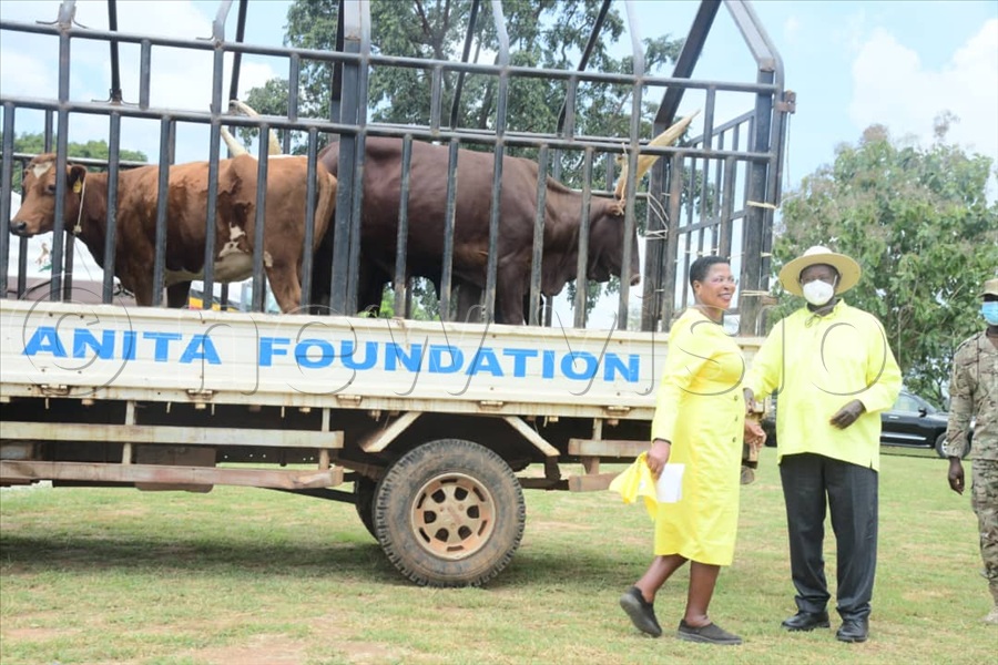 Speaker Anitah Among gifted the president with three cows, thanking him for peace and security in the region.