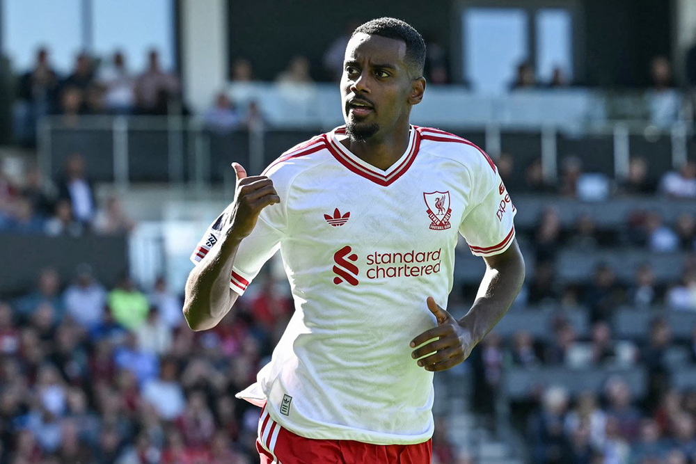 Liverpool's Swedish striker #09 Alexander Isak celebrates after scoring his team's first goal during the English Premier League football match between Bournemouth and Liverpool at the Vitality Stadium in Bournemouth, southern England on September 20, 2026.