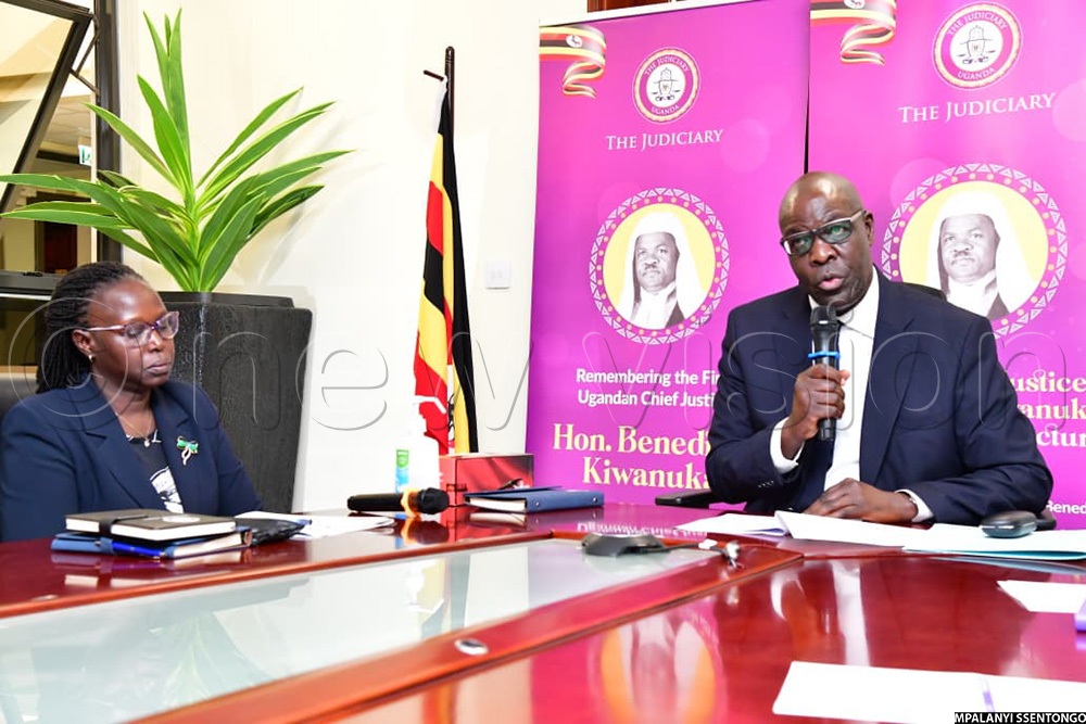 Deputy Chief Justice Moses Kazibwe Kawumi speaking during the press conference. (Photo by Mpalanyi Ssentongo)