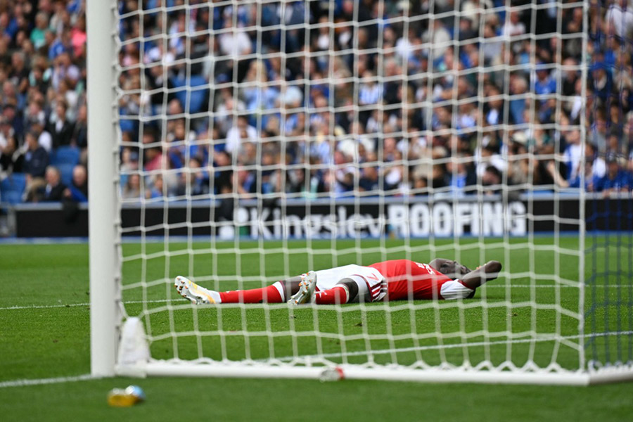 Arsenal's English midfielder #07 Bukayo Saka reacts after failing to score during the English Premier League football match between Brighton and Hove Albion and Arsenal at the American Express Community Stadium in Brighton, southern England. AFP PHOTO