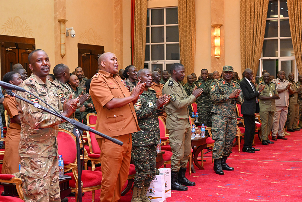 Security officers from Uganda Peoples' Defence Forces (UPDF), Uganda Police Force (UPF), Uganda Prisons, ISO and ESO attending an opportunity lecture with President Museveni at State House Entebbe on Friday, July 17, 2026. (PPU Photo)