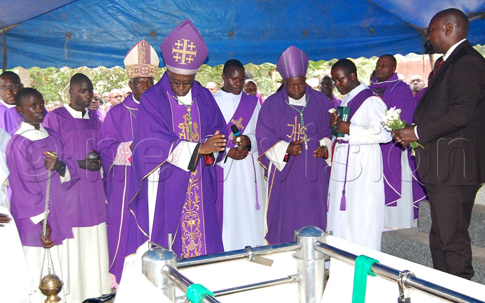 The Catholic prelates, including Bishop Lawrence Mukasa of Kasana-Luweerp (fore-front), Bishop Joseph Antony Zziwa of Kiyinda-Mityana (wearing a whitish mitre) and Bishop  Serverus Jjumba of Masaka (third-right) sending off Fr. Dr. James Kabuye, during his burial at Kiyinda Mityana Cathedral on Saturday, September 19, 2026. (Photo by Mathias Mazinga)