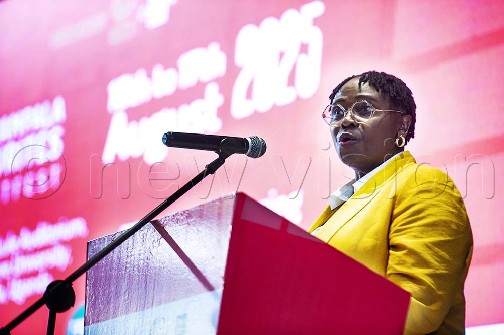 Dr Jennifer Nansubuga Makumbi delivers the keynote speech during the launch of the 2025 Kampala Writes Literature Festival  at the Yusuf Lule Auditorium, Makerere University, on Friday afternoon. (Credit: Kalungi Kabuye)