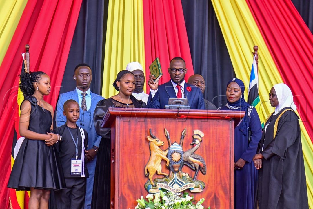 Hassan Kirumira taking the oath as Member of Parliament for Katikamu South MP in the 12th Parliament. (Photo by Miriam Namutebi)