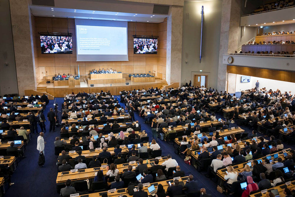A general view of the assembly hall at the start of plastics treaty negotiations at the United Nations Offices in Geneva on August 5, 2025. (Photo by Fabrice COFFRINI / AFP)