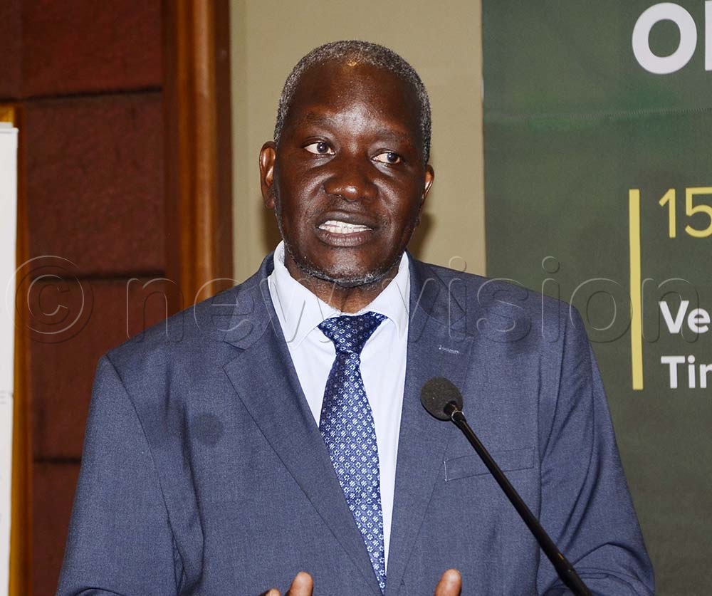 Dr Alfred Okot Okidi, water ministry PS addressing participants during the inception workshop for Uganda’s updated Nationally Determined Contributions stock take at Sheraton Hotel in Kampala on 15th July 2025. (Credit: Juliet Kasirye)