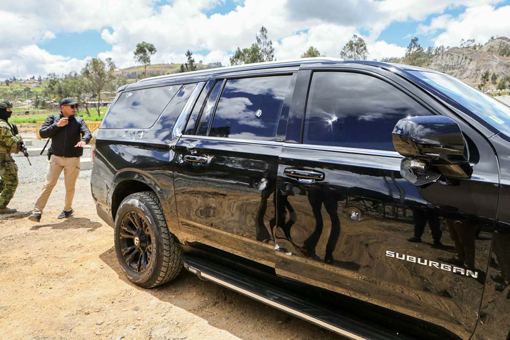 This handout picture released by the Ecuadorean Presidency shows the vehicle in which Ecuador's President Daniel Noboa was traveling when it was hit by gunfire in Cañar, Ecuador, on October 7, 2025. (Credit: AFP)