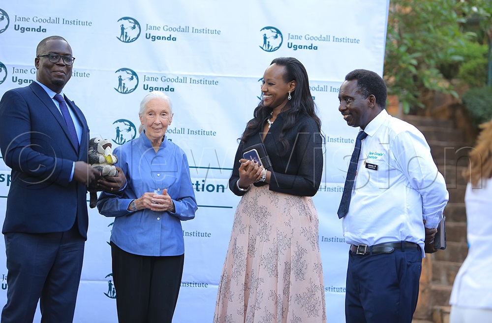 From left; Joshua Rukundo the executive director for Ngamba Chimpanzee sanctuary, Jane Goodall, Diana Museveni and James Byamukama, the executive director for Jane Goodall institute in Uganda during a dinner at the EU ambassador residence in Kampala on August 22. (Credit: Julius Luwemba)