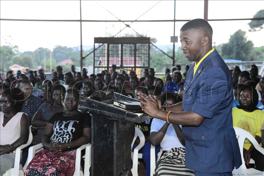 Joseph Mukasa Ssewava speaking to trainees of the Busoga Presidential Industrial Skilling Hub. (All Photos by Eddie Ssejjoba)