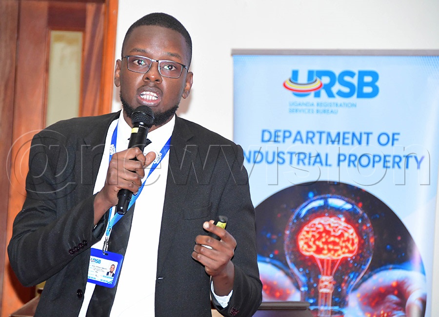 Project Support Officer at the Uganda Registration Service Bureau (URSB), Jeremiah Okaka, addressing sports federation officials and sports journalists from various media organizations during a one-day Intellectual Property workshop at URSB offices in Kololo. Photo: Silvano Kibuuka
