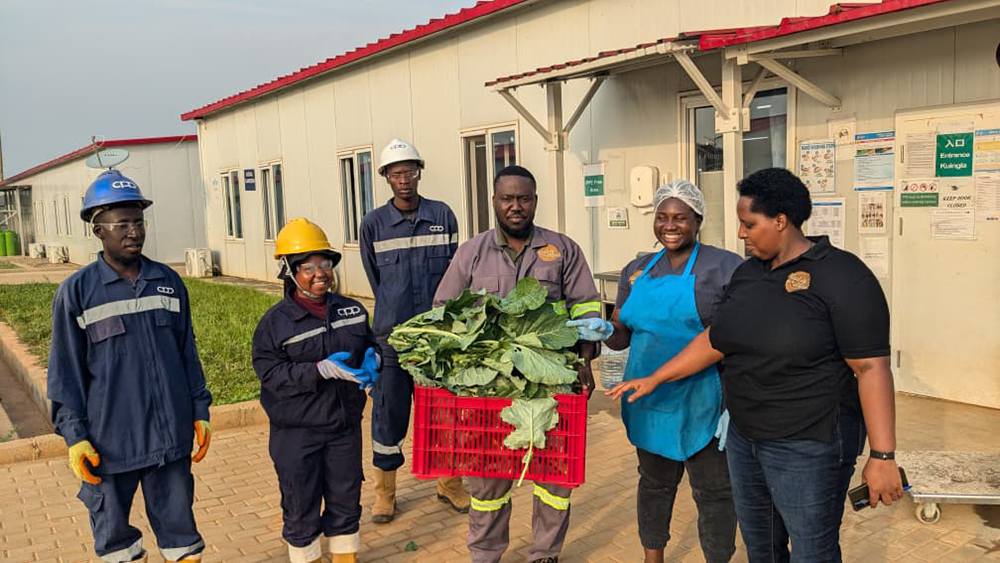Patience Katusiime, Waste Management Coordinator at CPP, hands over freshly harvested vegetables to Paul Bwete, Camp Manager – Meals on Wheels, at MCPY3 Camp. (Courtesy)