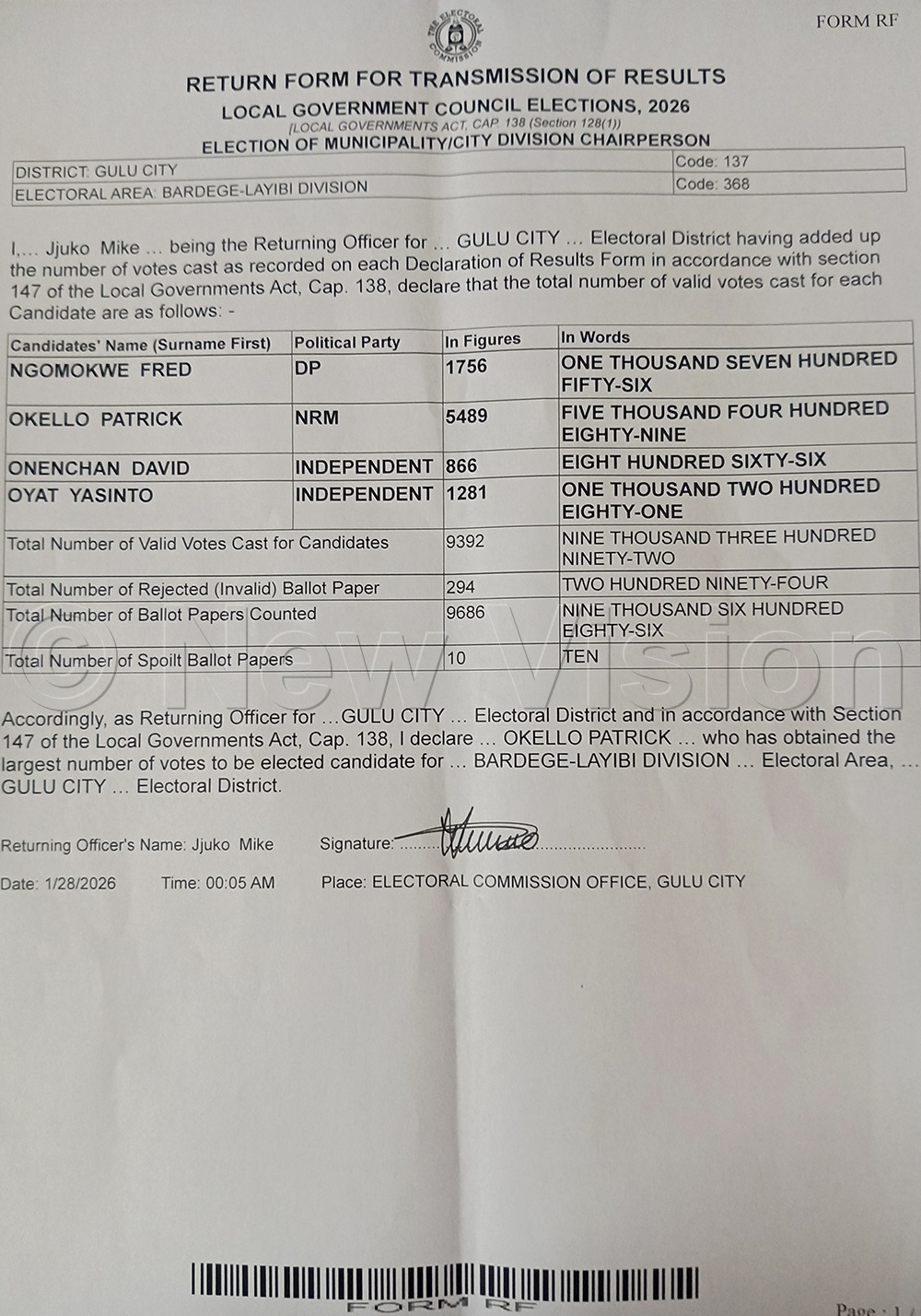 Declaration Form for Bardege-Layibi Division, where NRM's Okello was declared a winner. (Photo by Rosemary Anena)
