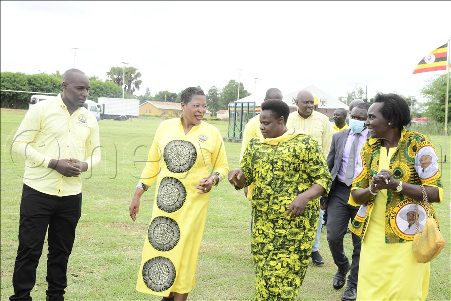 The Speaker of Parliament, Annet Anita Among welcoming the Vice President, Jessica Alupo at Apac Bopma Grounds. Left is Jornard Asiimwe, a CEC member for Western Uganda.