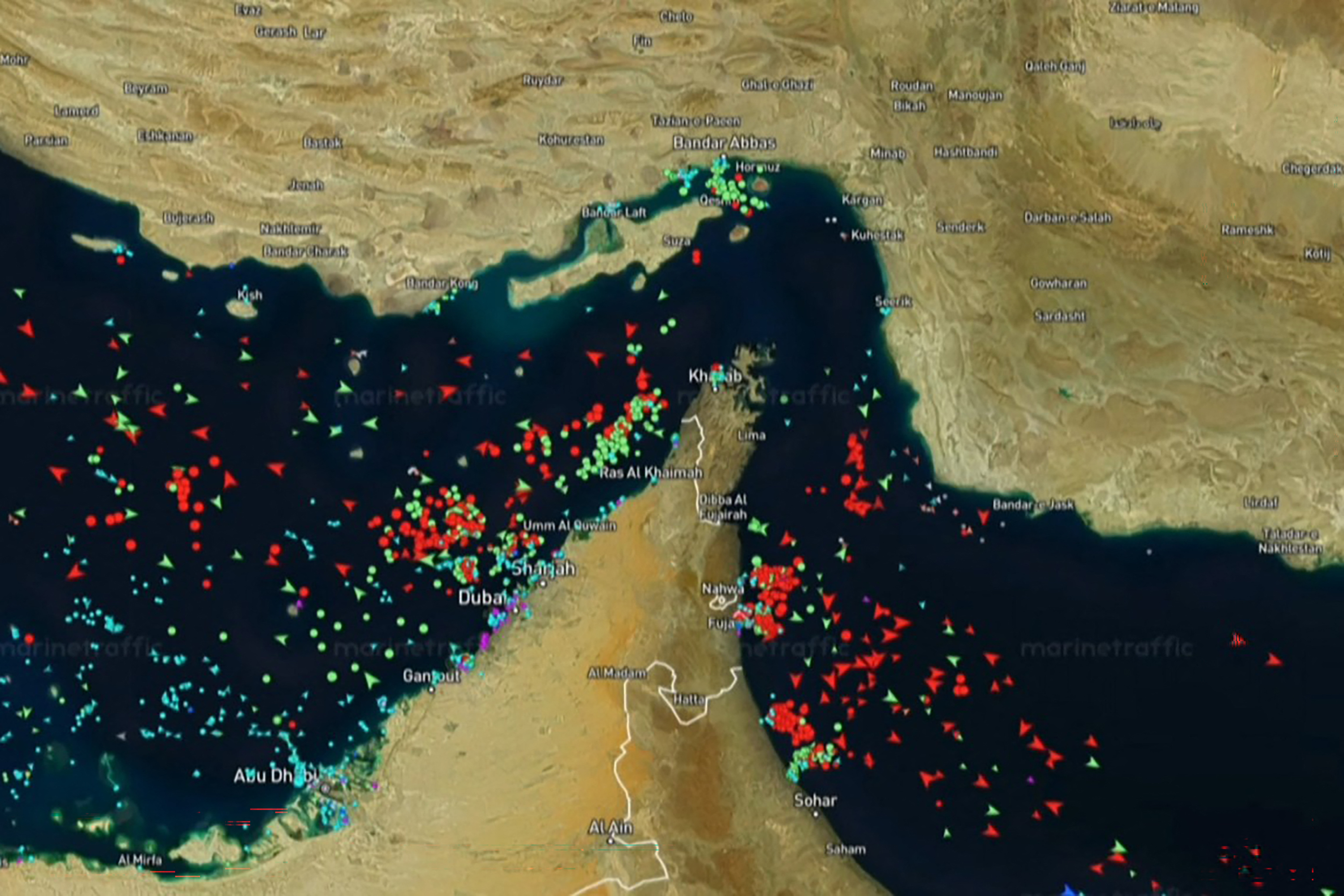 This screen grab taken from a screen recording of the MarineTraffic website on April 21, 2026, shows data visualisation of maritime traffic in the Gulf, Strait of Hormuz and Gulf of Oman from April 18 to April 20, amid a fragile US-Iran truce. A Pentagon assessment said it could take six months to completely clear the Strait of Hormuz of Iranian-laid mines, which could keep oil prices high, the Washington Post reported on April 22. (AFP)