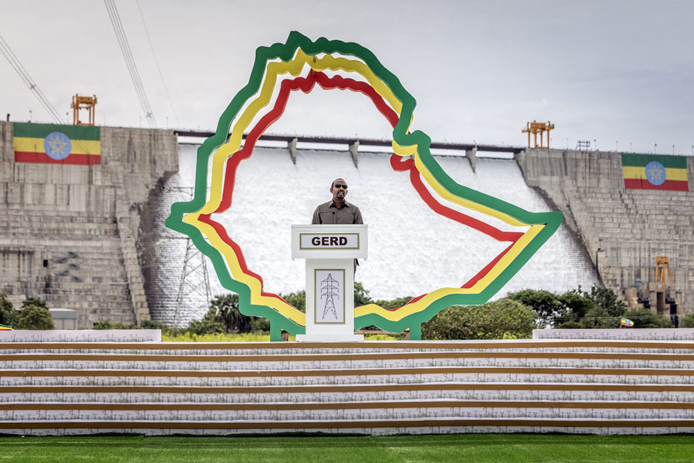 Prime Minister of Ethiopia Abiy Ahmed delivers his remarks during the official inauguration ceremony of the Grand Ethiopian Renaissance Dam (GERD) in Guba, on September 9, 2025. (AFP Photo)
