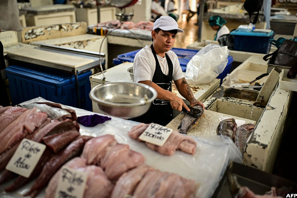 A fish vendor cleans a fish at the Seafood Market in Panama City on September 24, 2026