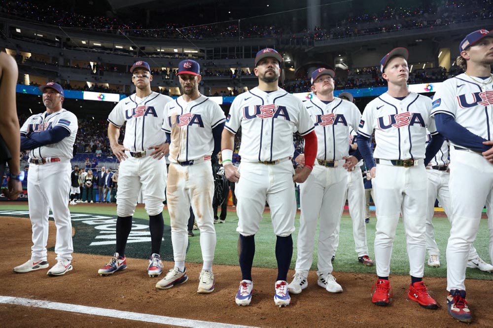 The United States National Team members line up after losing to Venezuela during the World Baseball Classic (WBC) final at LoanDepot Park in Miami, Florida, United States on March 17, 2026. (Credit: AFP)