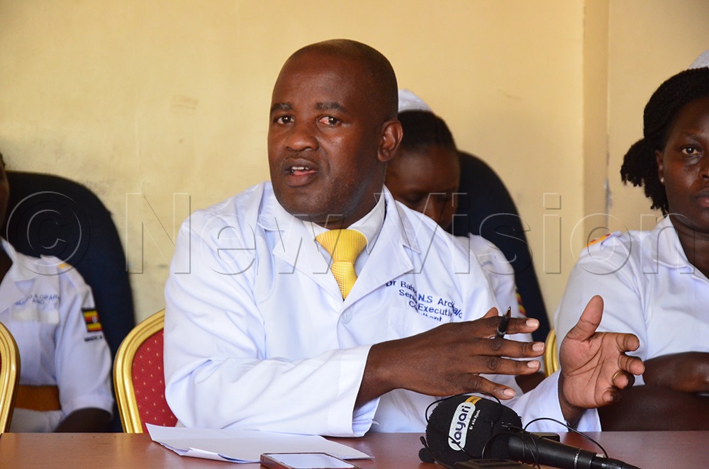 Dr Archabald Newton Sebahire addresses journalists at the health facility. (Photo by Jonan Tusingwire)
