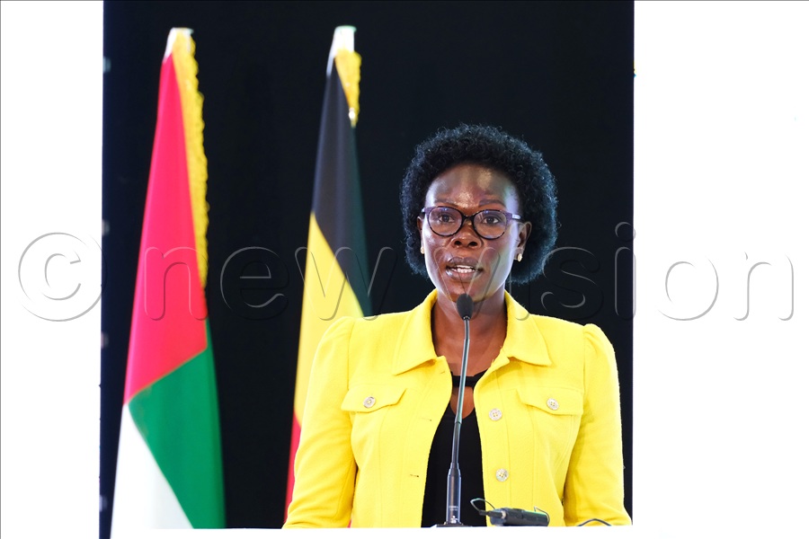  Evelyn Anite Kajik, Minister of State for Finance, Planning and Economic Development (Privatisation and Investment ), speaking during the Fourth Edition of UAE-Ugaanda Business Forum at Speke Resort Munyonyo in Kampala, on Oct 28 2025. (Credit: Hajarah Nalwadda)