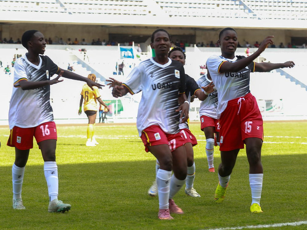 Queen Cranes celebrate Mary Kantono's goal against Zambia in the first half. (Courtesy Photo/FUFA)