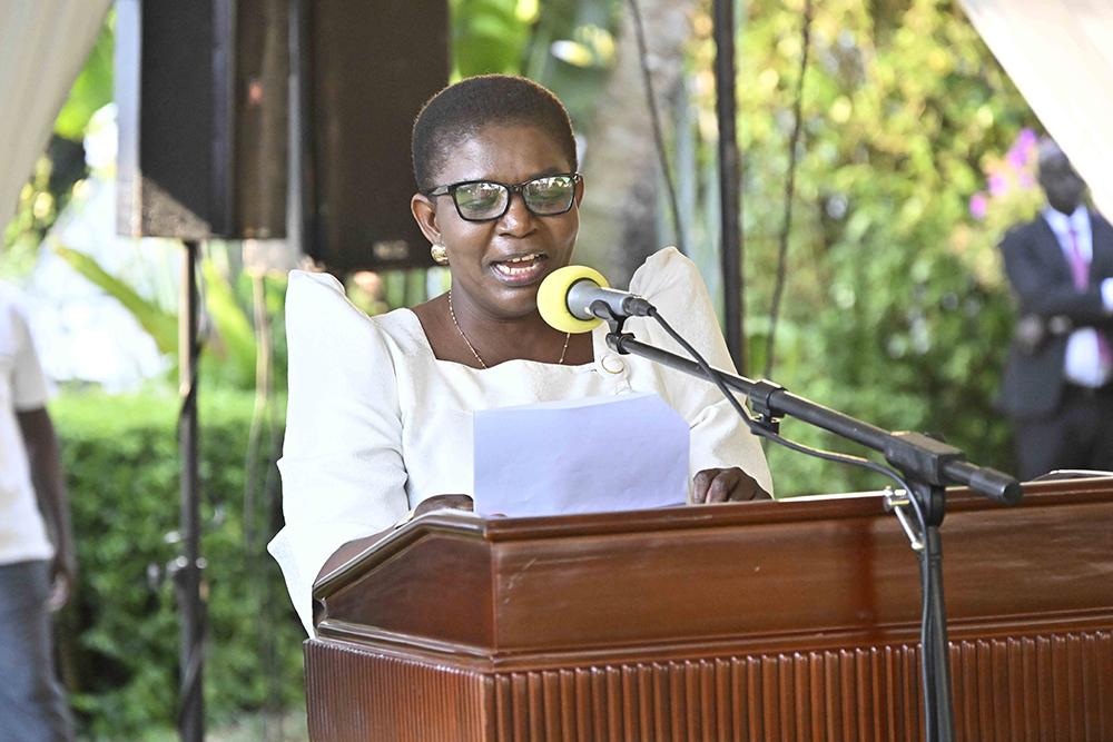 Minister for General Duties, Hon. Justine Kasule Lumumba, making her remarks during the 2025 Diwali festival at the State House Entebbe on October 26, 2025. (PPU)