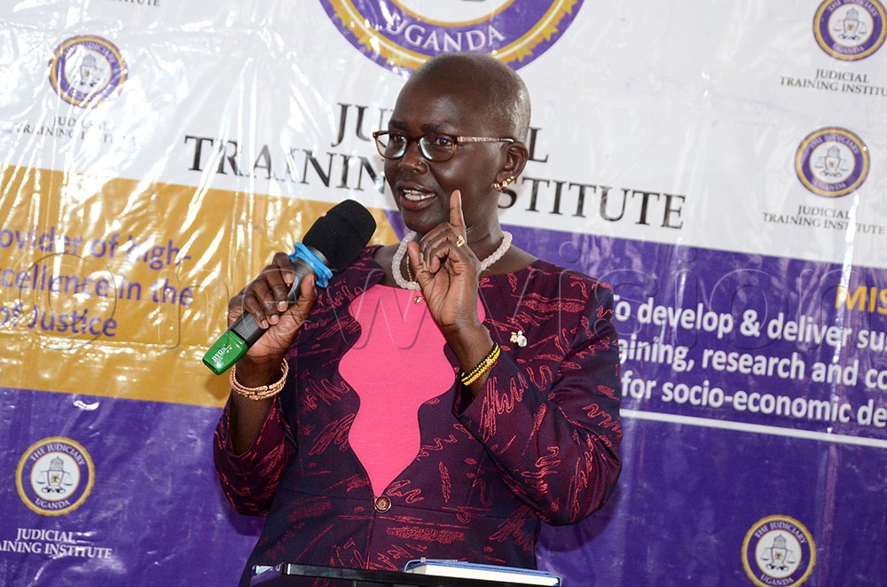  Justice Jane Francis Abodo the Principal Judge addressing during the plea bargain at magistrate&rsquo;s court at the Judicial Training Institute Kampala on April 8, 2026. (Credit: Lawrence Mulondo)