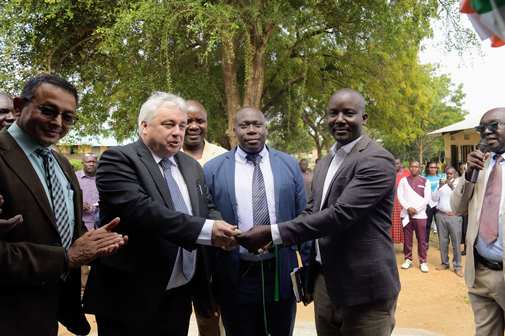 Irish Ambassador to Uganda, H.E. Kevin Colgan, being welcomed by officials of the district and the school. (Courtesy)