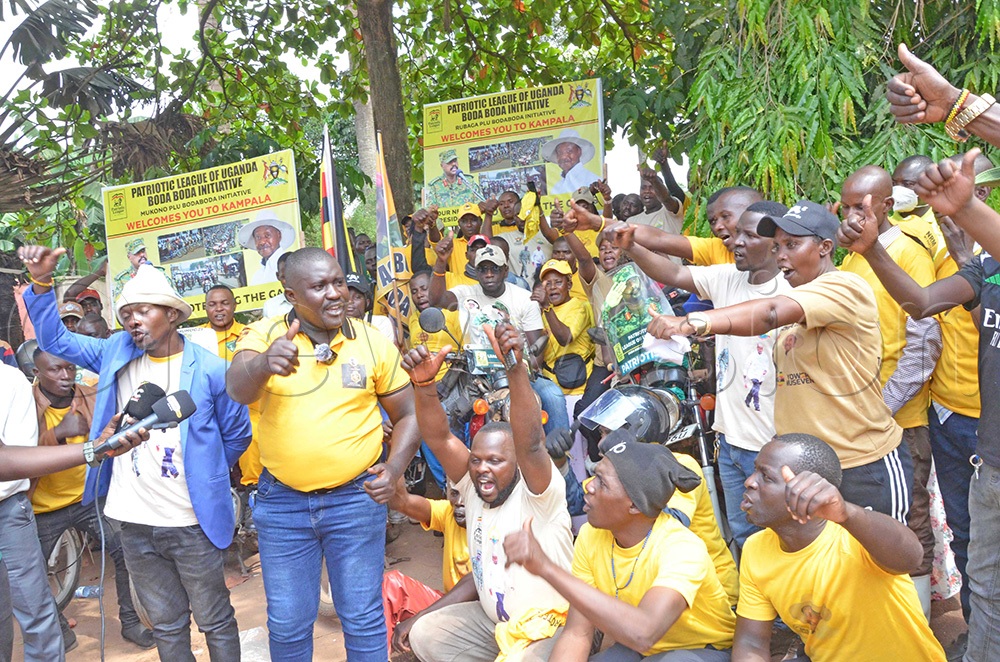 The Chairperson Patriotic League Bodaboda Initiative, Rogers Wamutanda (second left) accompanied by members during a media engagement at Vox Lounge in Nakulabye on December 27, 2025, on the sidelines of a mobilisation meeting aimed at canvassing support for President Yoweri Museveni. (Photo by Emmanuel Ssekaggo)