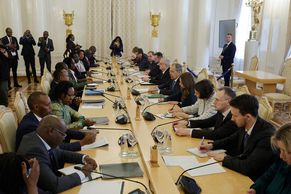 Russia's Foreign Minister Sergei Lavrov (6th R) attends a meeting with Kenya's Foreign Minister Musalia Mudavadi (6th L) in Moscow on March 16, 2026.