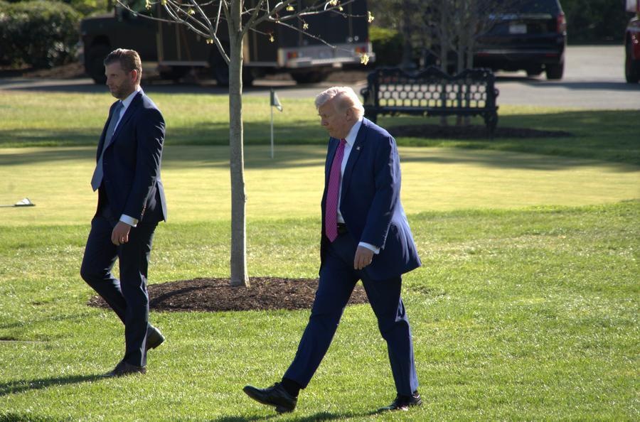 U.S. President Donald Trump (R) walks toward Marine One at the White House in Washington, D.C., the United States, on April 10, 2026. (Photo by Xinhua)