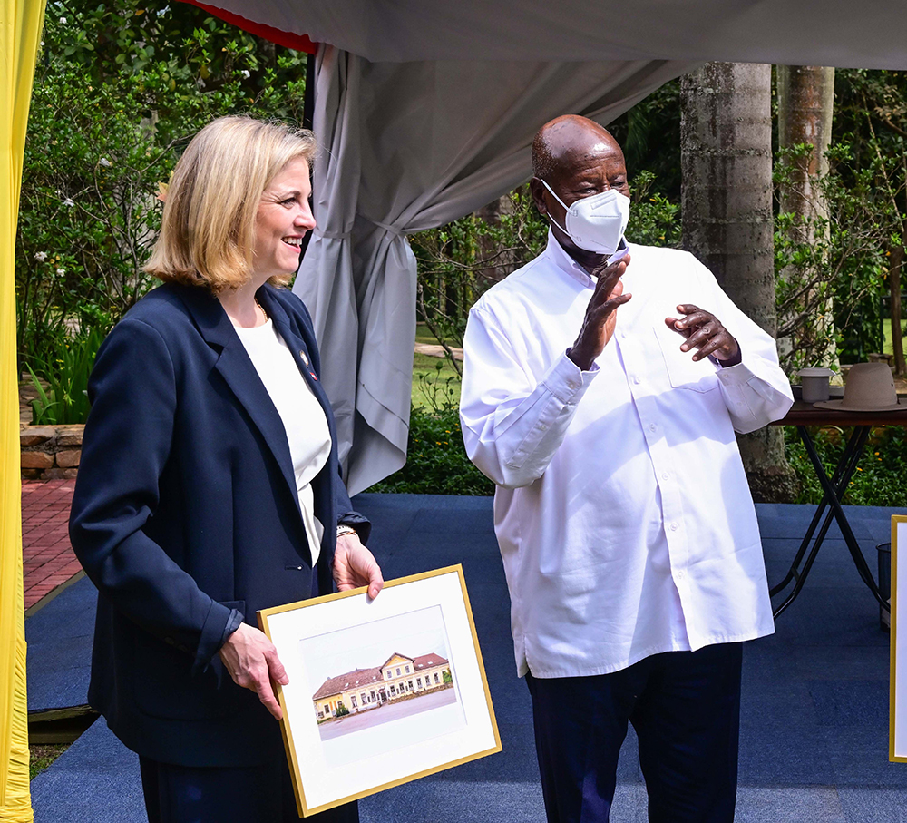 Austria's Foreign Affairs Minister Beate Meinl-Reisinger (L) shares a light moment with President Museveni during a meeting on the sidelines of the NAM Ministerial meeting at Munyonyo on Wednesday.
