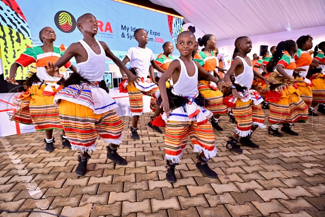 Children performing at the My Identity Expo and Symposium 2026, organised by the National Identification and Registration Authority (NIRA) at Kololo ceremonial grounds. (Credit: Miriam Namutebi)