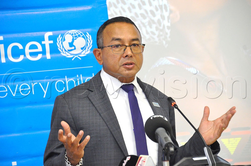 Speaking at the launch, the UNICEF country representative, Dr Robin Nandy, accompanied by the chief of communication, advocacy and partnerships, Yves Willemot, and UNICEF communication specialist, Catherine Ntabadde, said children in Uganda face multiple and interconnected risks that require a coordinated national response involving government, communities and families. (Credit: Nancy Nanyonga)