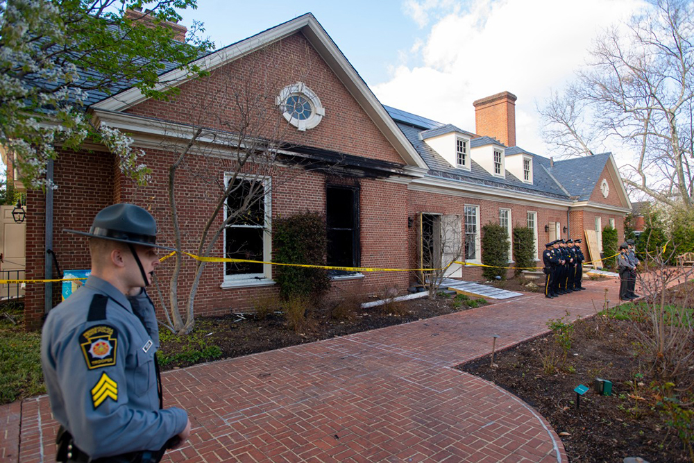 Extensive fire damage to the Pennsylvania Governor's Mansion and Gov. Josh Shapiro's residence is seen on Sunday in Harrisburg, Pennsylvania. (AFP Photo)