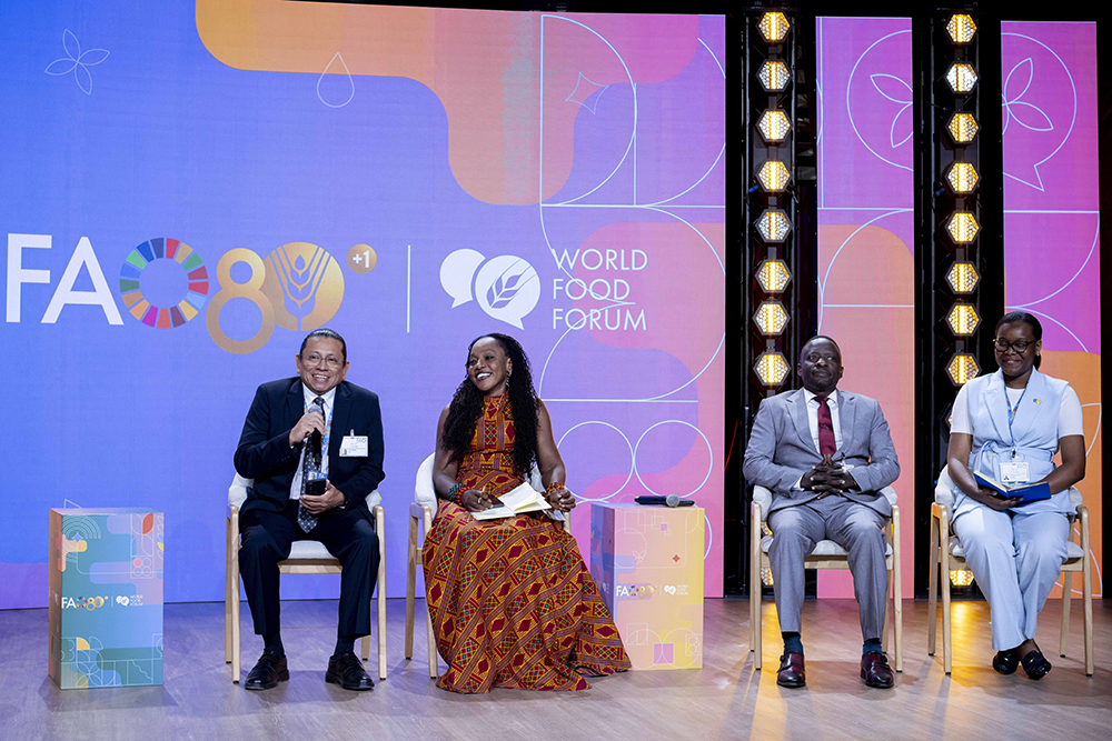 FAO Representative in Ethiopia ad interim Orlando Sosa (left) speaks alongside World Food Forum Ghana National Chapter lead Alberta Nana Akyaa Akosa and other panellists during the session &ldquo;Leading from the Front: Africa&rsquo;s Youth Driving Agrifood Systems Transformation&rdquo; at the World Food Forum 2026, held at the Sheikh Zayed Centre, FAO headquarters, Rome, Italy, on October 13, 2026. (Photo by Christian Mantuano/FAO; editorial use only. Copyright &copy;FAO)