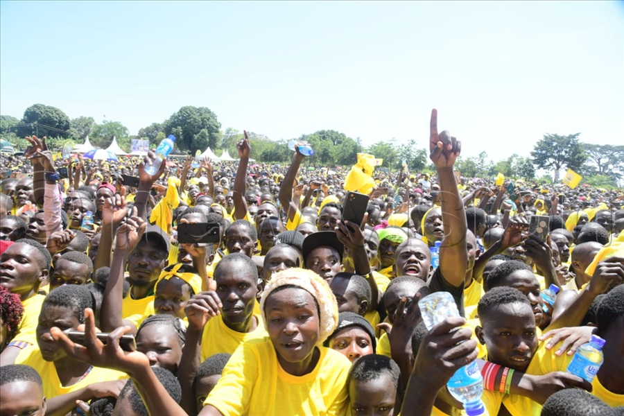 Jubilant NRM supporters as their party's presidential flagbearer arrived at BKC Demo Primary School grounds in Ngora district on Tuesday for a mega rally. (All Photos by Eddie Ssejjoba)