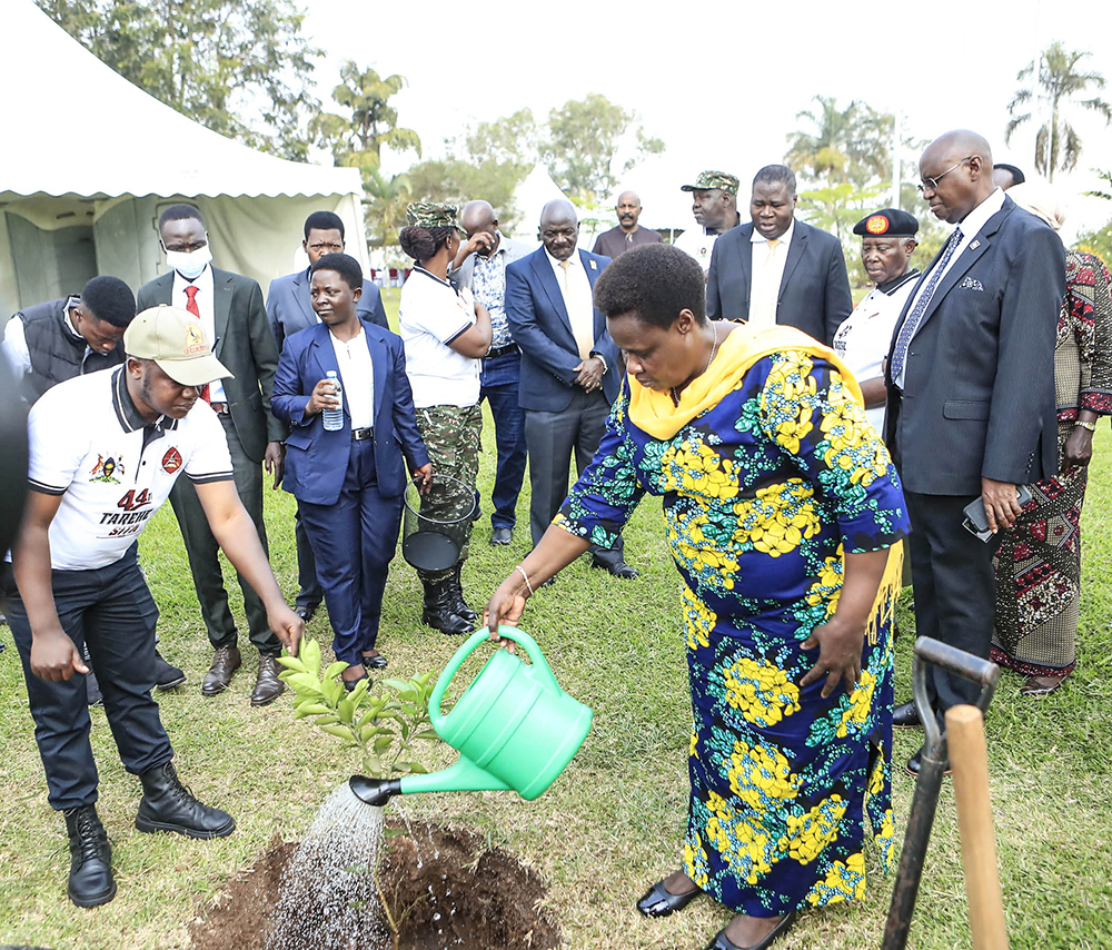 The Vice President Maj. (Rtd), Jessica Alupo watering a tree planted as she launched the commencement of activities for Army Week and celebrations for the 44th Tarehe Sita Anniversary at the Ministry of Defence and Veteran Affairs headquarters, Mbuya on Wednesday, January 30, 2025.