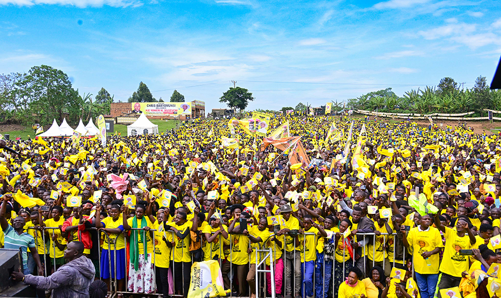 NRM supporters listening to President Museveni's address during a campaign rally at Rwere play grounds, Kirima sub-county, Kinkinzi East County in Kanungu district on Wednesday, Nov. 26, 2025. (PPU)