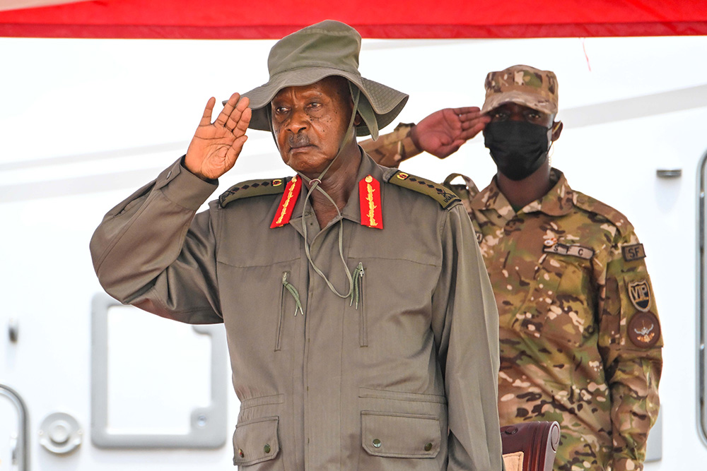 President Museveni salutes on his arrival to preside over the opening ceremony of the ministers retreat at Kyankwanzi on Monday. (PPU Photo)