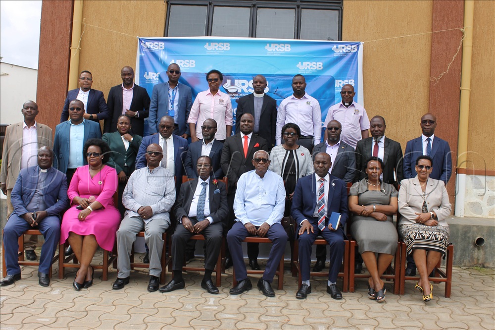 Vice Chancellor Bishop Stuart University, Prof.John Mugisha (3rd from right), BSU university council chairman Prof. Kenneth Kagame (4th from right), Uganda Registration Services Bureau (URSB) board chairman, Rt.Hon. Ambassador Francis K Butagira (5th from right), Mercy Keinobwisho, the URSB Registrar General (2nd from left seated) and other officials posing for the photo shortly after the launch of the 41st Technology and Innovation Centre launched at Bishop Stuart University on Thursday in Mbarara City.