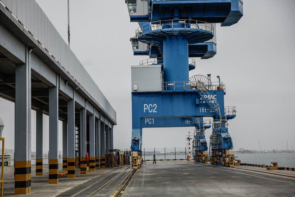 A general view of the loading bay at the mineral terminal of the Port of Lobito, operated by the Lobito Atlantic Railway (LAR) consortium, on April 22, 2026. (AFP) 