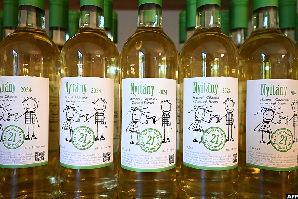 Wine bottles stand on a shelf in the shop of Hungarian winemaker Viktor Keszler in Zalaszentgrot