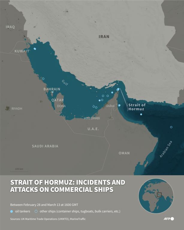 Infographic with a map of the Gulf and the Strait of Hormuz showing incidents and attacks on commercial ships between February 28 and March 13 at 1600 GMT. (AFP)