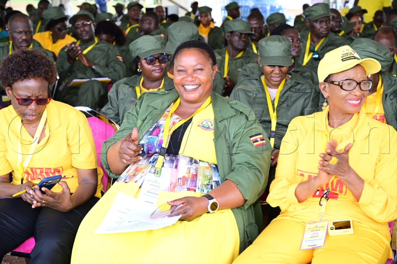 Health Minister Jane Ruth Aceng (left) with Milly Babalanda (centre) the Minister for the Presidency.