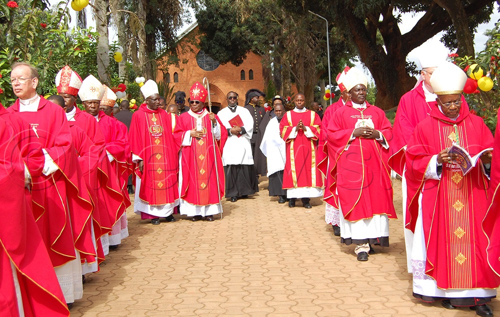 Archbishop Paul Ssemogerere (holding a crosier) and other Catholic prelates/clerics in procession for the pontifical mass of the 50th anniversary celebration of St. Mbaaga's Major Seminary Ggaba on Saturday, February 21, 2026. (Photo by Mathias Mazinga)