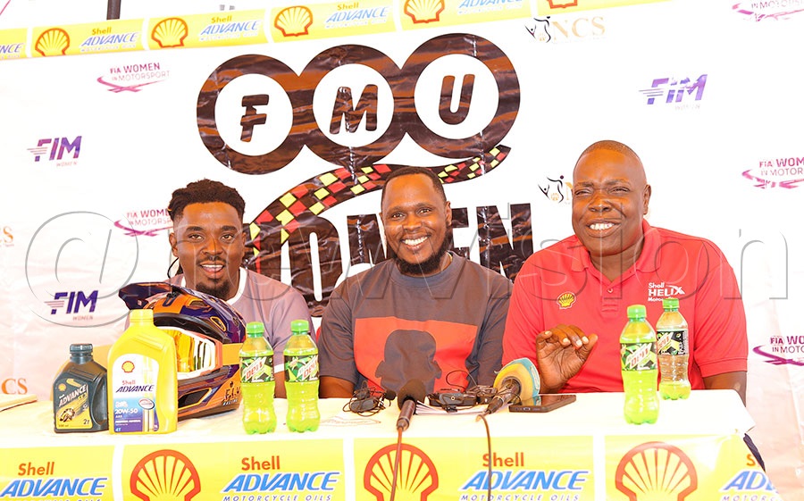 Rally driver Ronald Sebuguzi (right) addresses the media as Yusuf Bukenya (C) and Duncan (Left) at the launch of the event. PHOTO: Johnson Were