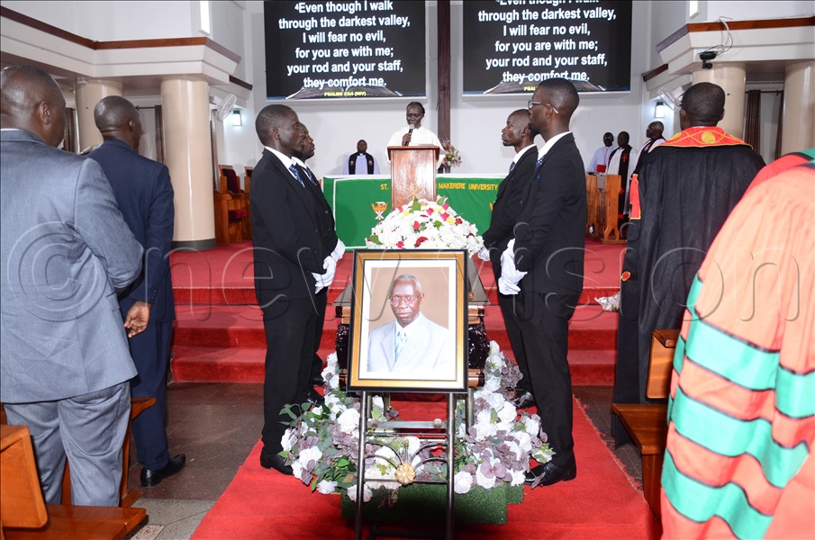 Casket of former Vice Chancellor Livingstone Luboobi at St Francis Chapel, Makerere in Kampala during the prayer service. (Credit: Isaac Nuwagaba)