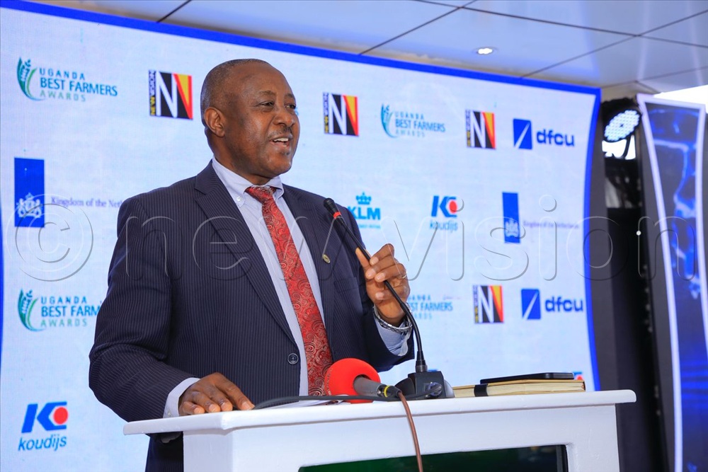 Stephen Tibeijuka Byantwale, the Commissioner, Crop Protection MAAIF addressing the audience. 