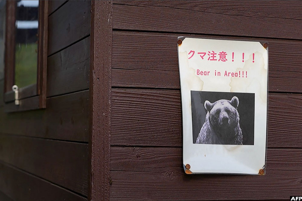 A "Bear in Area" warning sign displayed near a forest in Akita Prefecture, Japan