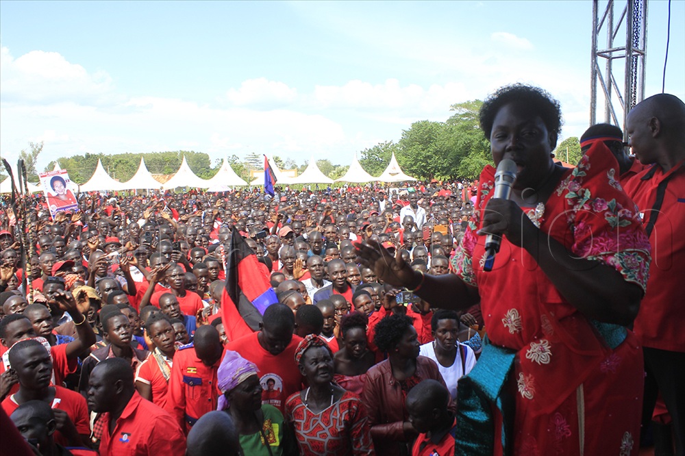 Kenny Auma, the Kwania District Woman Member of Parliament addressing a rally at Kwania District Boma Ground on Thursday shortly after her nomination. 